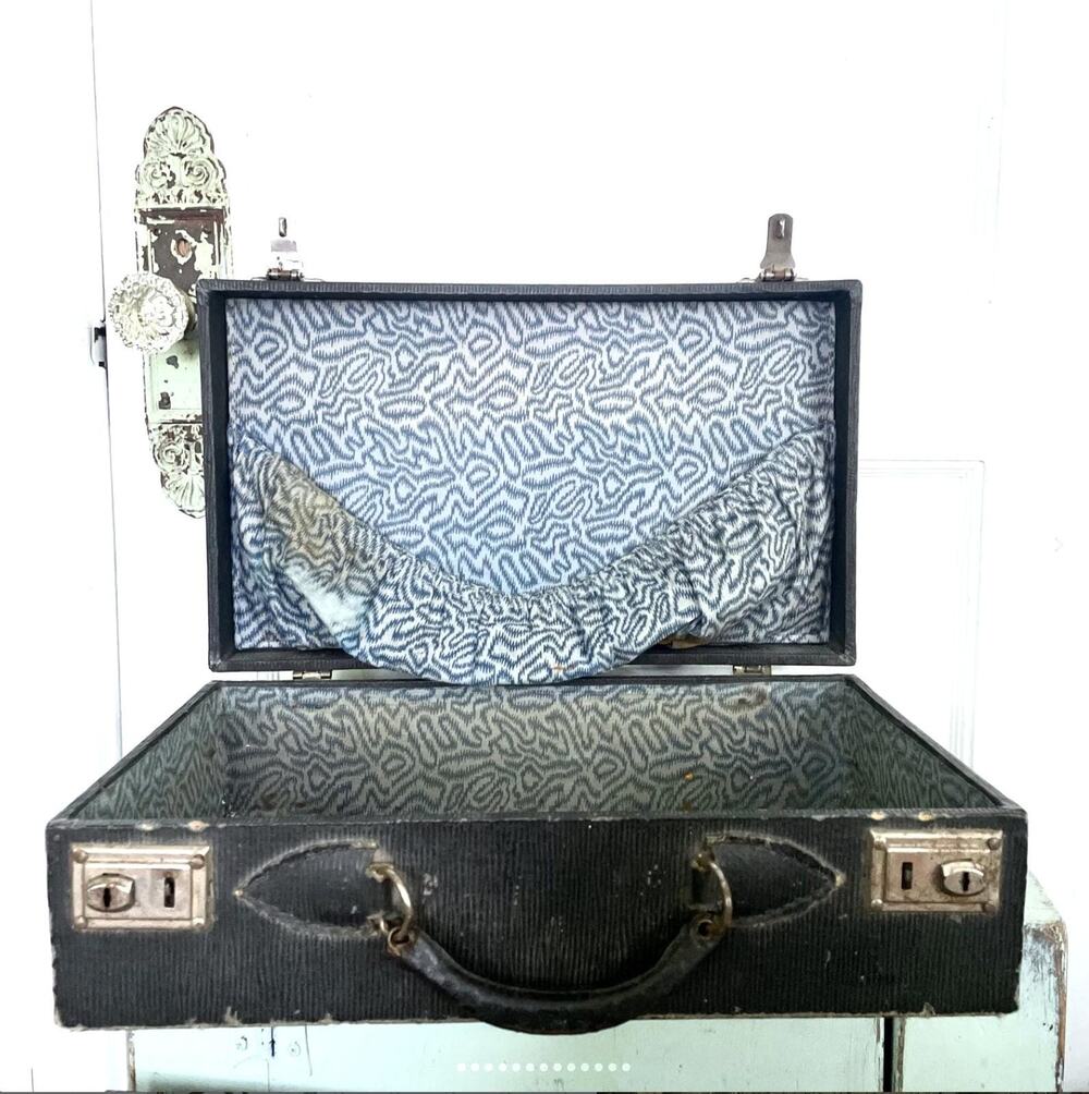 Vintage Ribbed Black Board Suitcase Metal Hardware Leather Handle Halloween